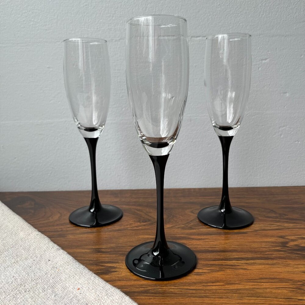 Luminarc Black Stem 3 Champagne Flute Wine Glasses 8.5"